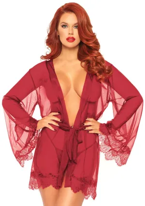 3 Pc Sheer Short Robe With Eyelash Lace Trim and Flared Sleeves - Burgandy - Medium / Large