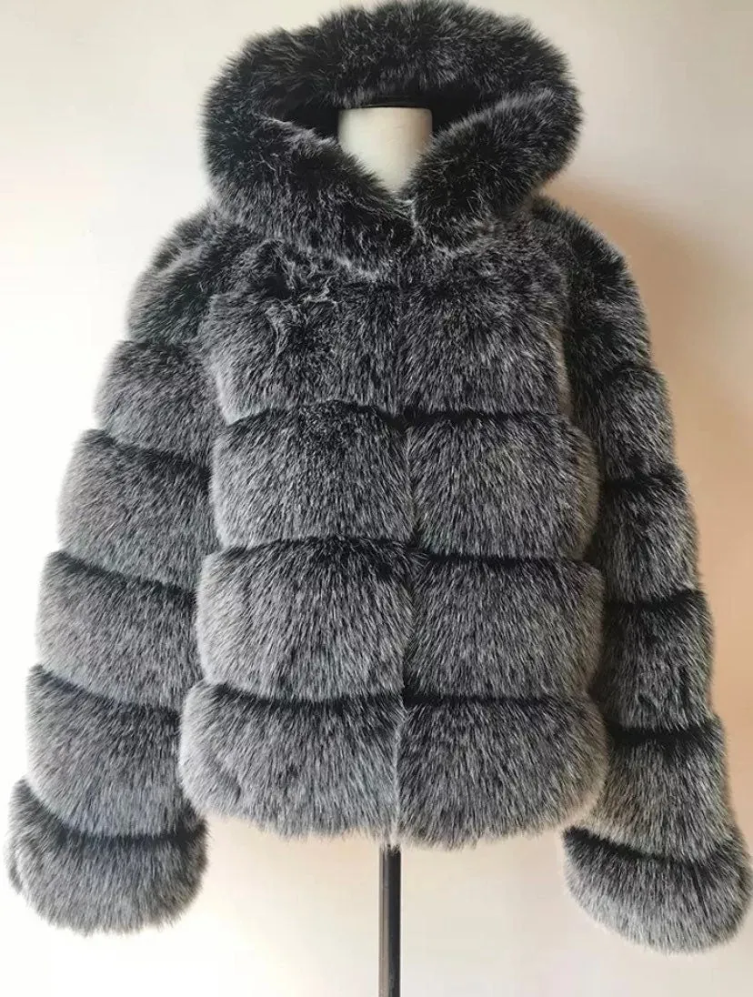 5 Row Hooded Faux Fur Jacket