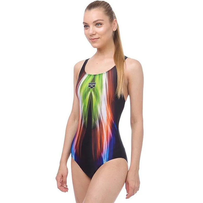 Arena - Shining V-Back Ladies Swimsuit - Black/Soft Green