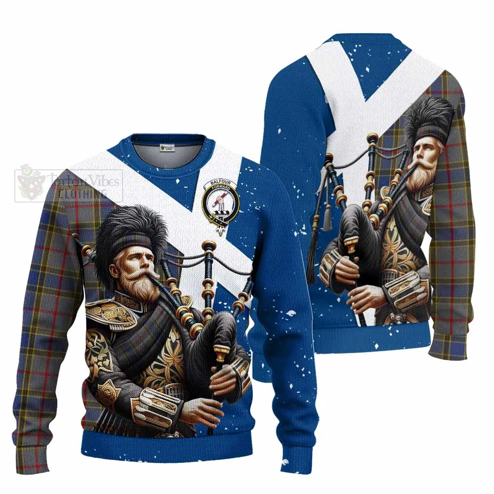 Balfour Tartan Knitted Sweater with Family Crest Scottish Bagpiper Vibes