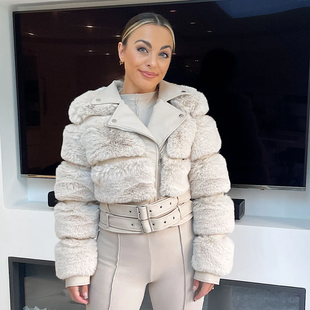 Bianca Beige Double Belt Faux Fur Coat