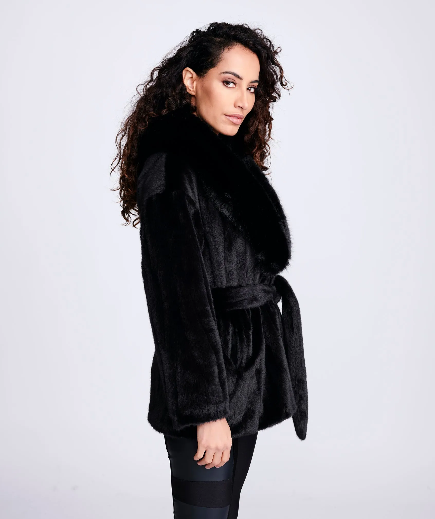 Black Linear Weave Pattern Faux Fur Coat with Matching Belt