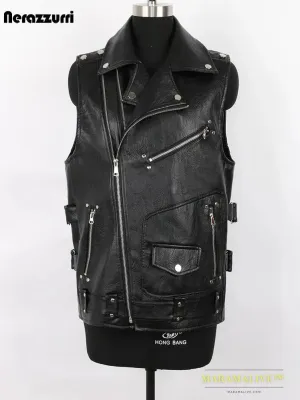 Black Motorcycle Pu Leather Vest Men Zipper Pockets Plus Size Faux Leather Biker Sleeveless Jacket 4xl 5xl