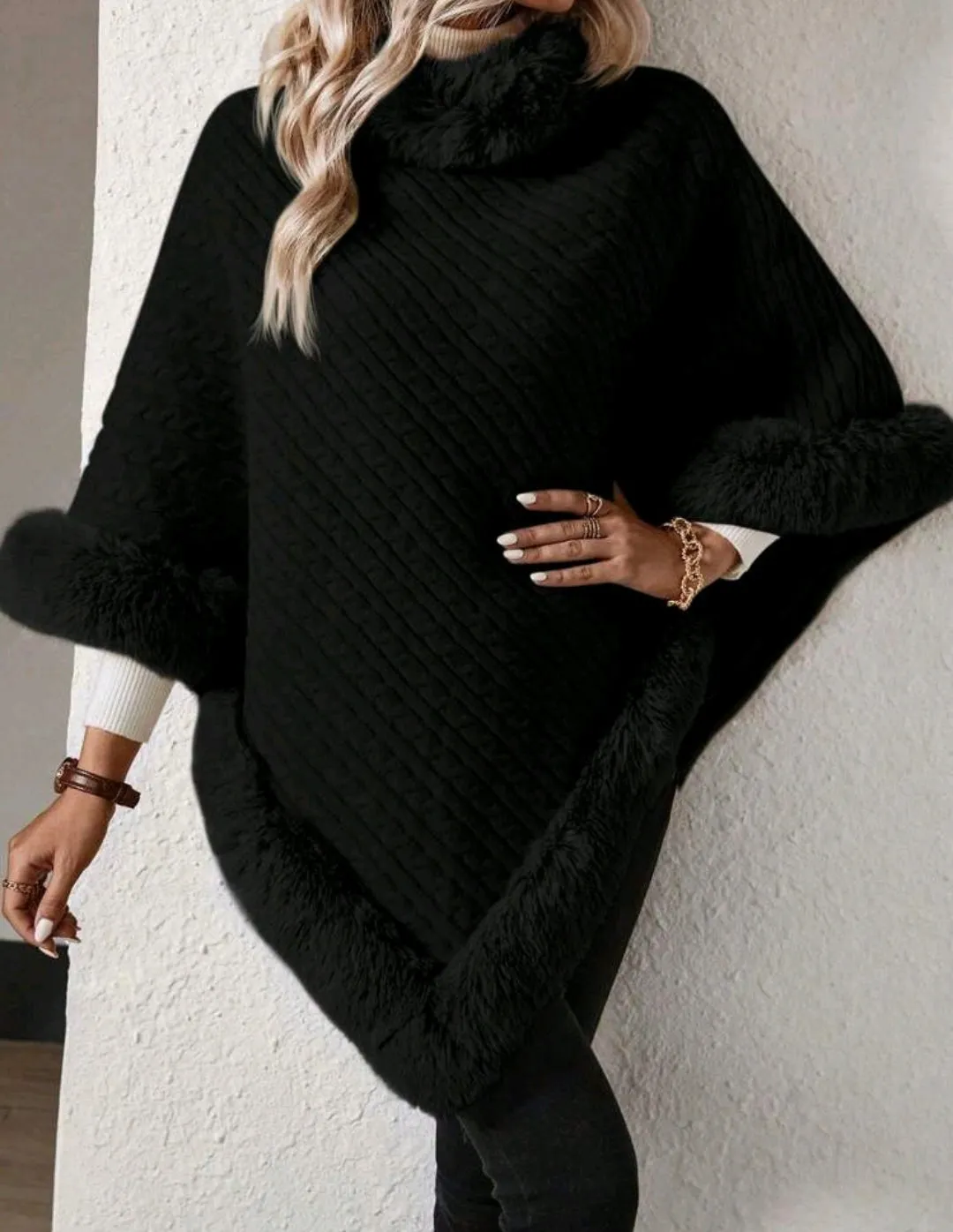 Black Solid Colour High Neck Fuzzy Trim Batwing Sleeve Sweater