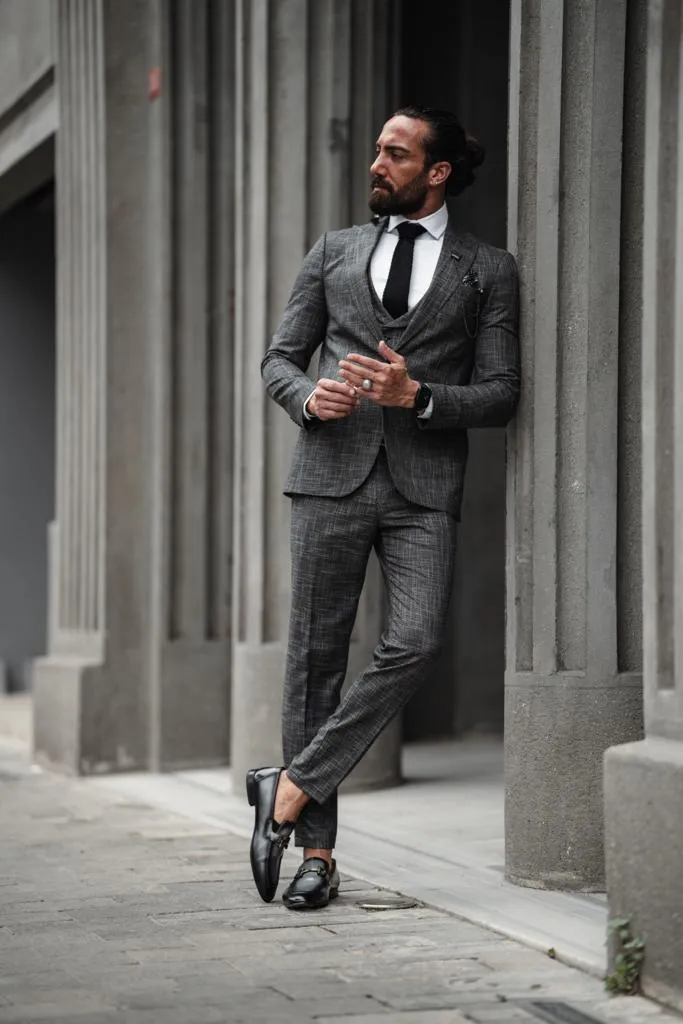 Bojoni Serra Dark Gray Slim Fit Crosshatch Suit