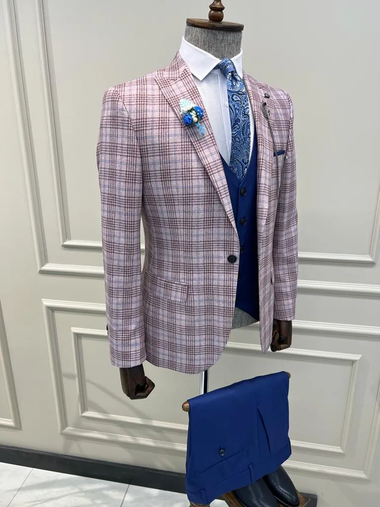 Bojoni Veneta Slim Fit Plaid Striped Combination Blue Suit