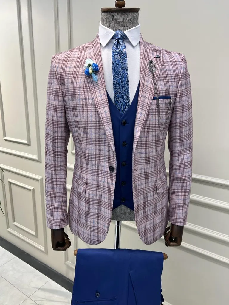 Bojoni Veneta Slim Fit Plaid Striped Combination Blue Suit