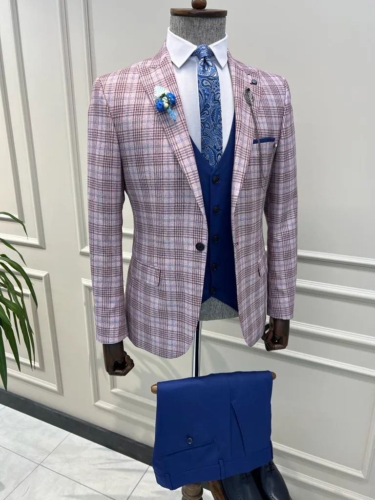 Bojoni Veneta Slim Fit Plaid Striped Combination Blue Suit