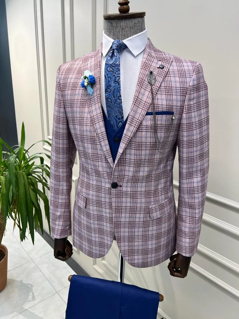 Bojoni Veneta Slim Fit Plaid Striped Combination Blue Suit