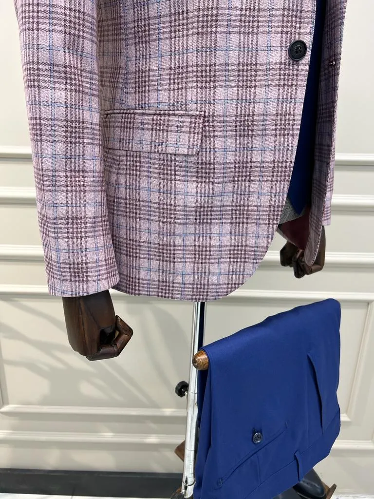 Bojoni Veneta Slim Fit Plaid Striped Combination Blue Suit