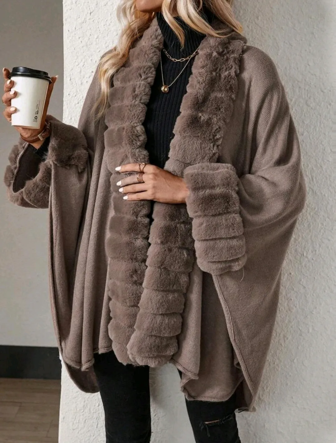 Brown Solid Colour Fur Trim Cardigan