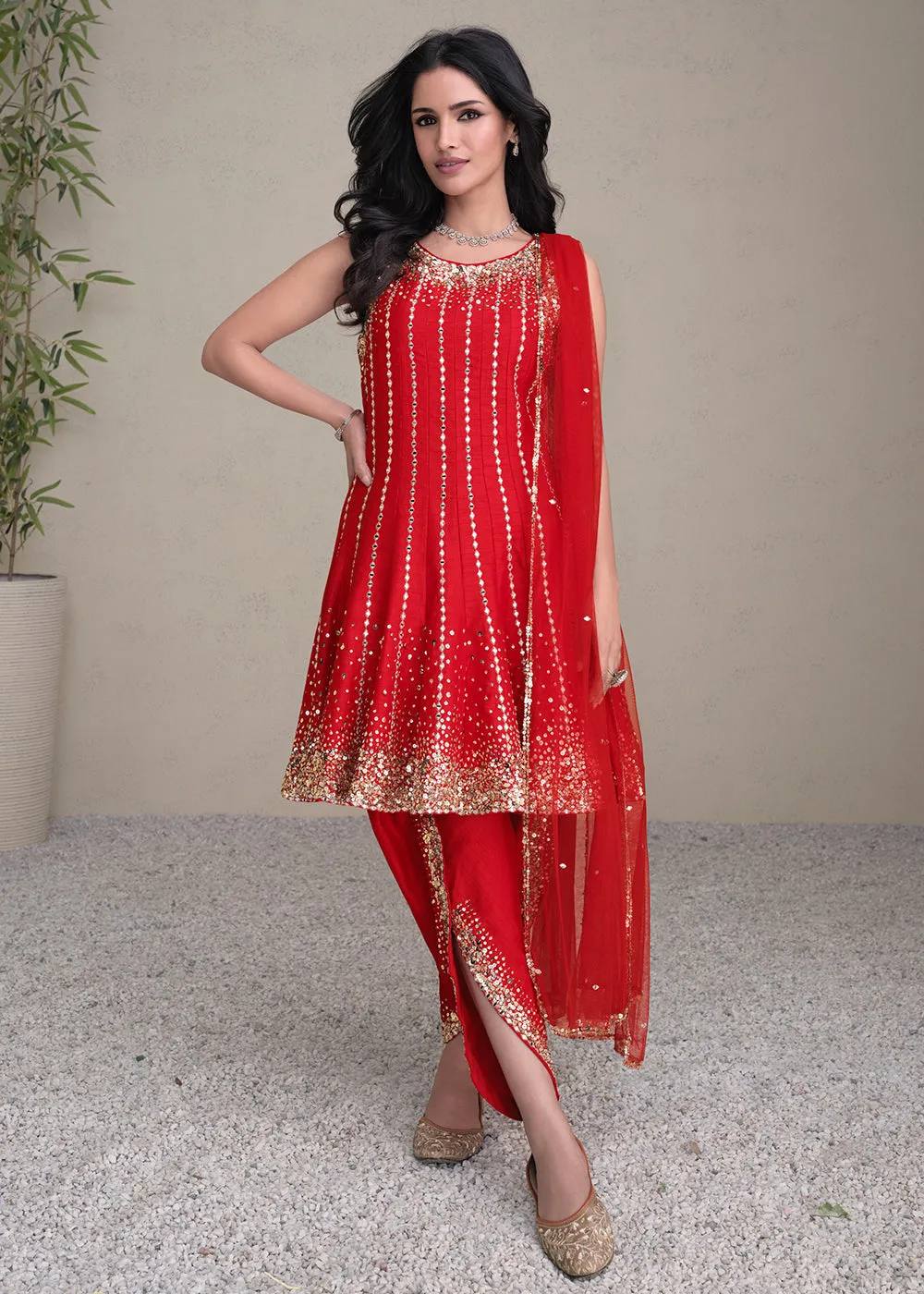 Charming Red Silk Embroidered Festive Dhoti Style Suit