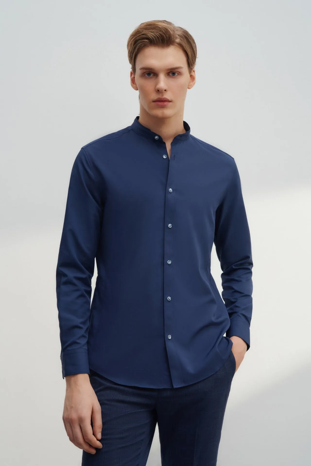 Dry Wicking Smart Fit Poplin Stand Collar Casual Shirt