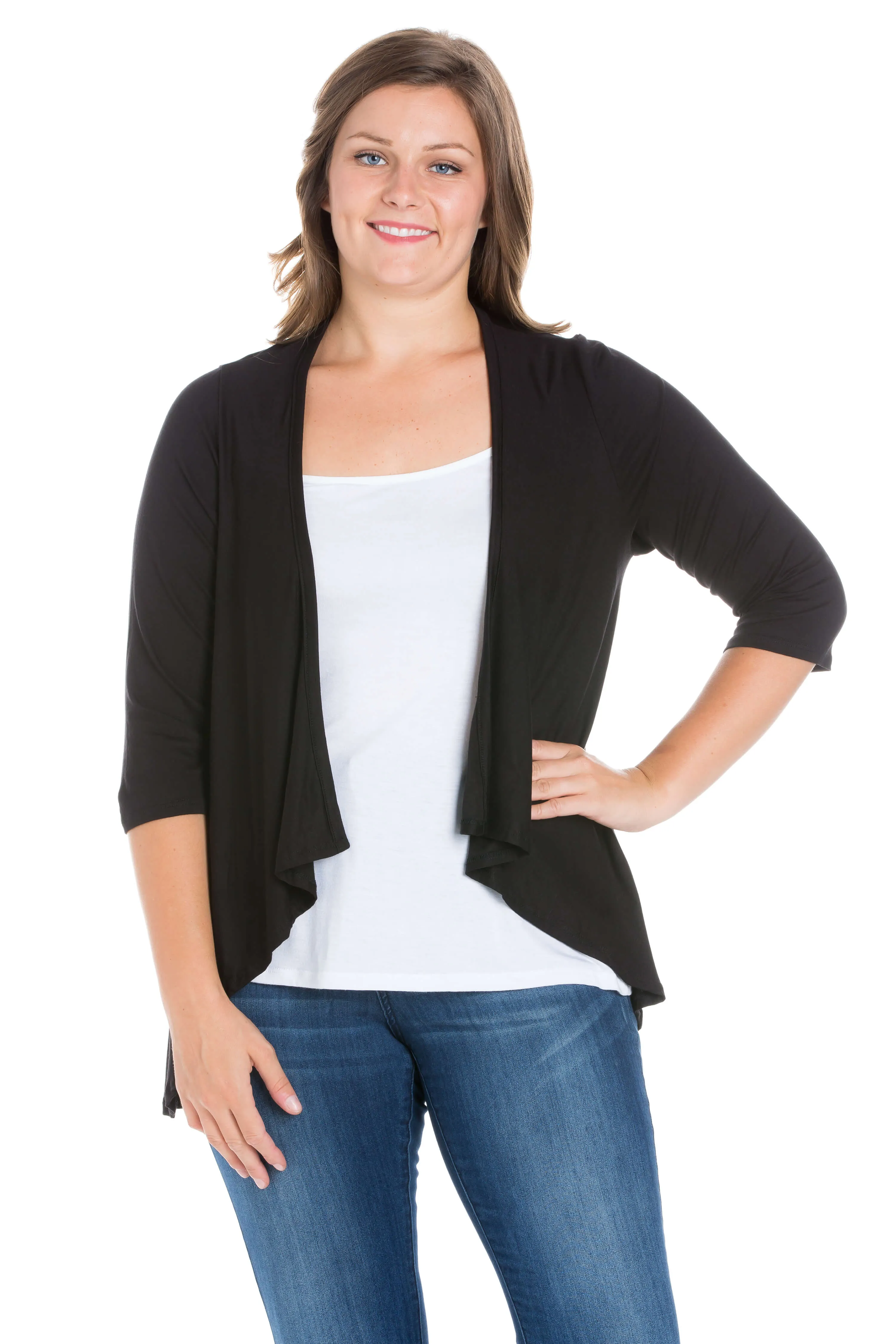 Elbow Length Sleeve Plus Size Open Cardigan