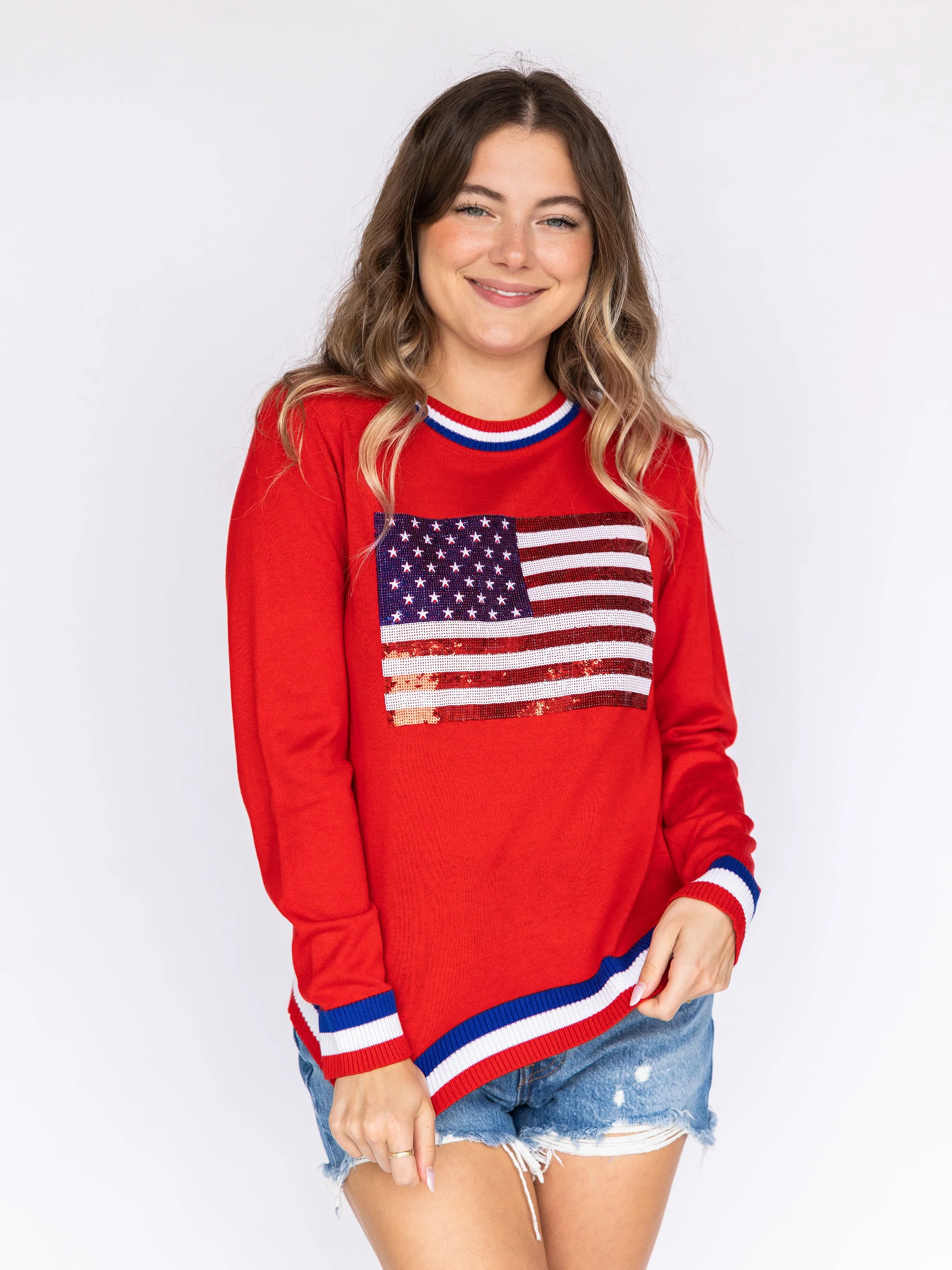 Fancy Flag USA Thin Knit Sweater Red