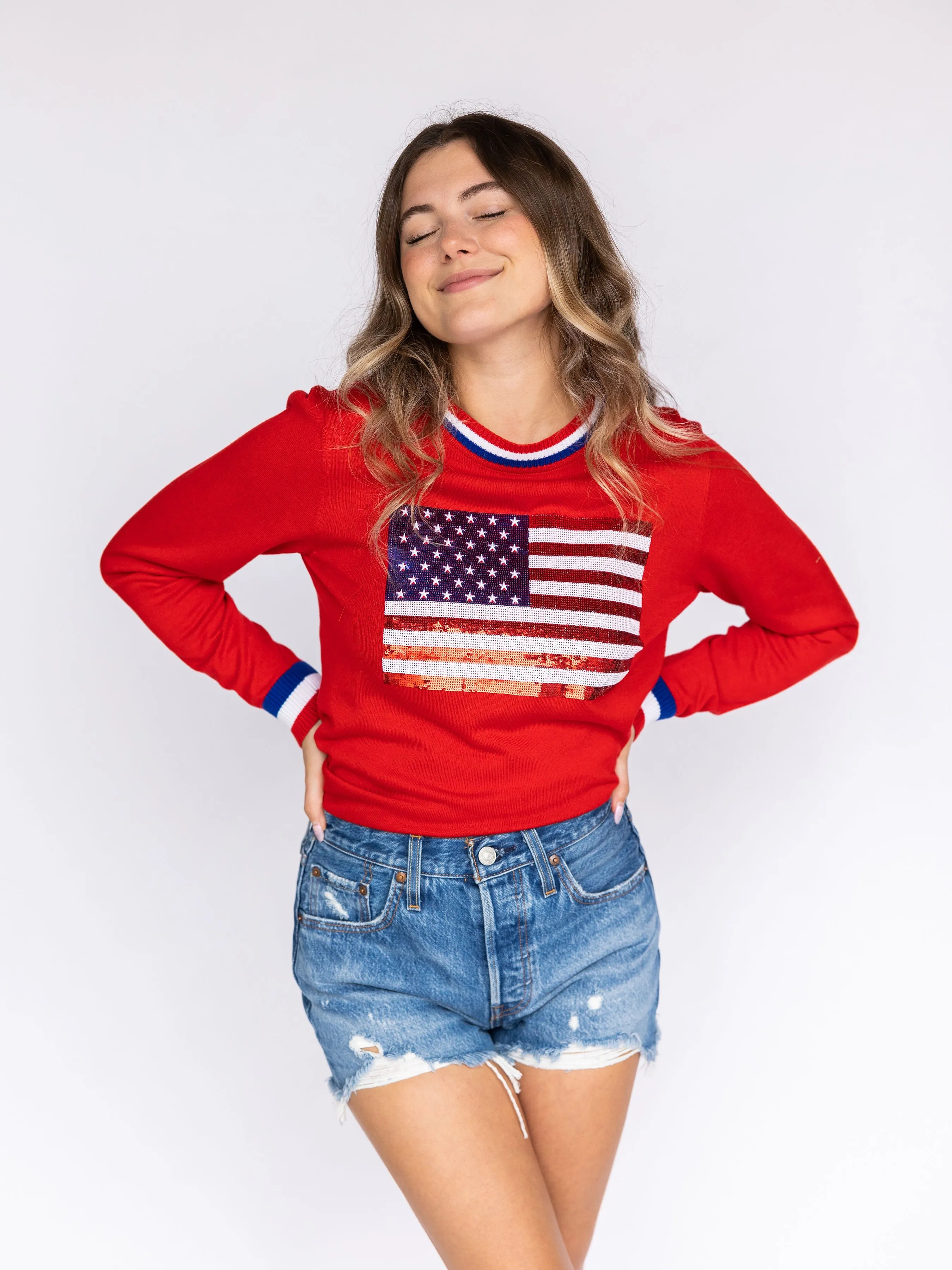 Fancy Flag USA Thin Knit Sweater Red