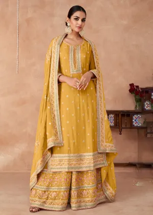 Gorgeous Yellow Real Chinnon Embroidered Designer Sharara Suit