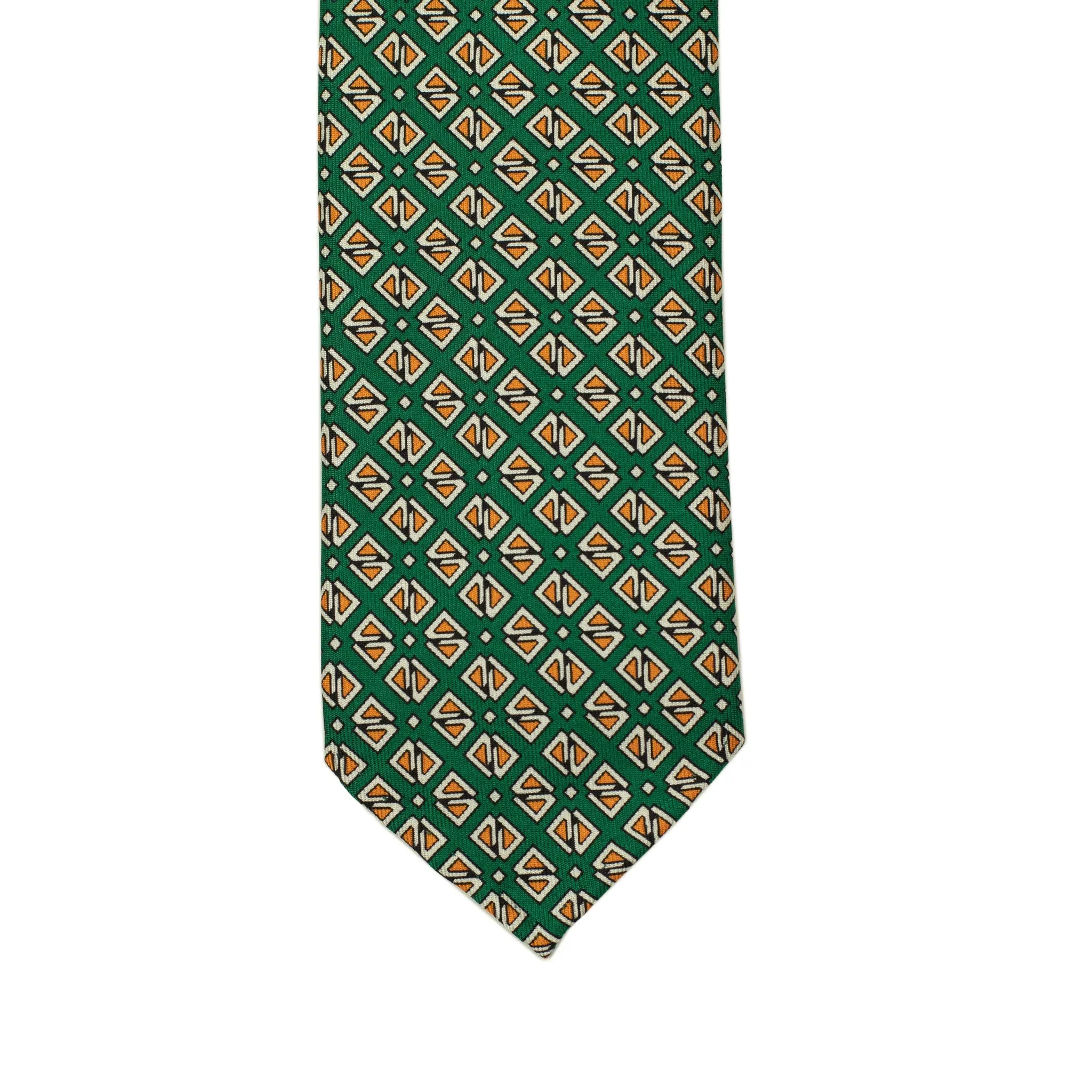 Green silk foulard tie with orange retro diamond neat print