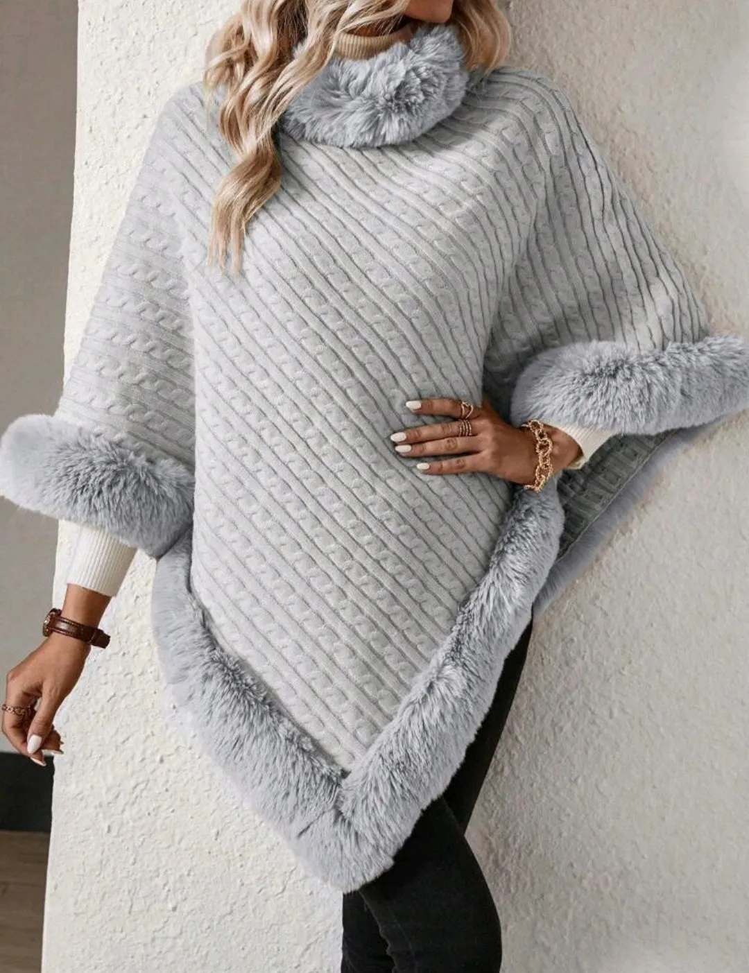 Grey Solid Colour High Neck Fuzzy Trim Batwing Sleeve Sweater