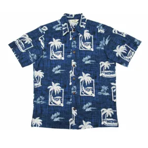 Hatch Pattern Palm Tree and Boat Hawaiian Shirt