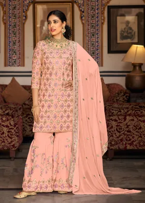 Heavy Georgette Peach Sequins Embroidered Gharara Suit