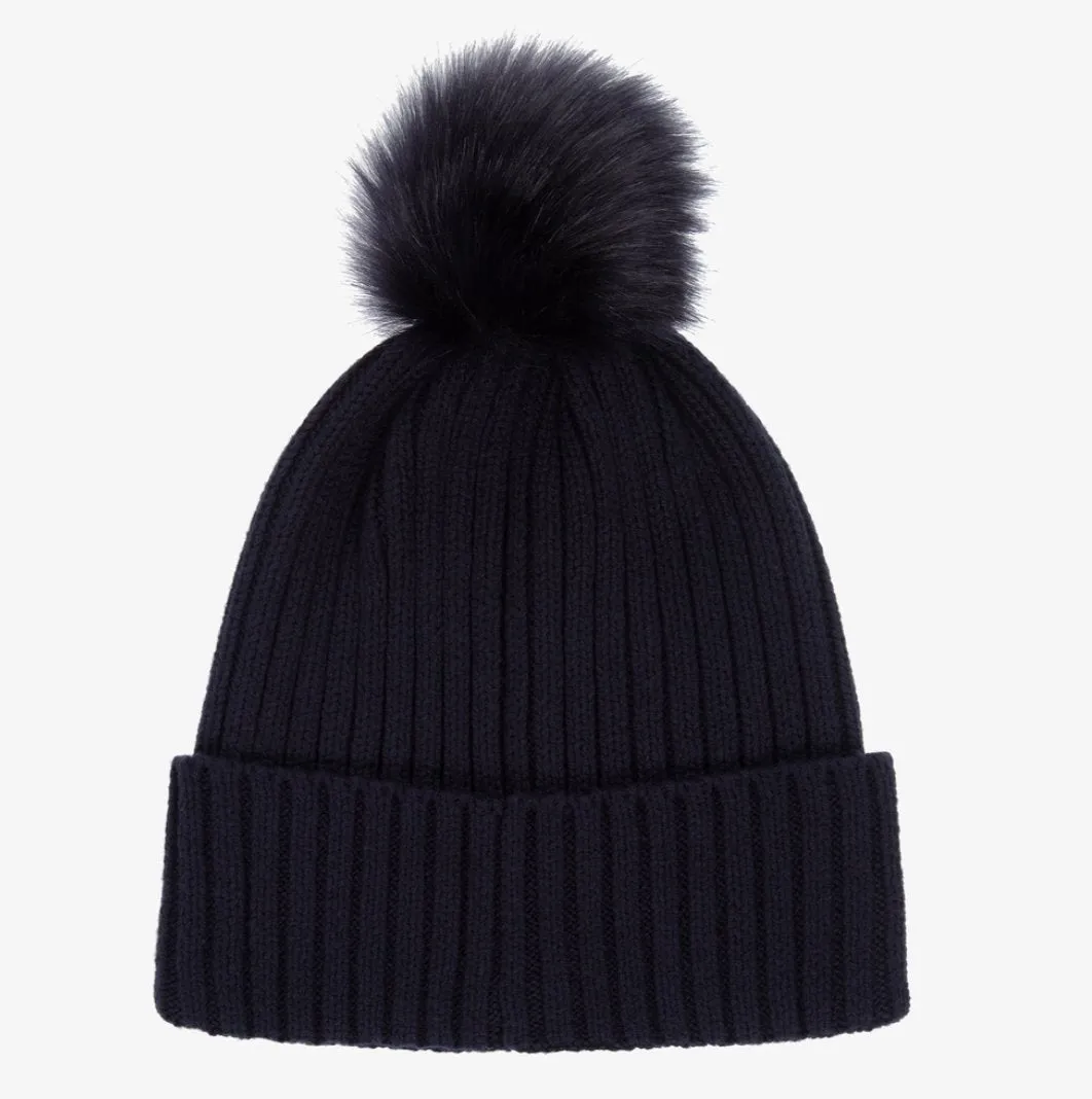 Le Chic Girls Navy Blue Diamanté Faux Fur Pom Pom Hat