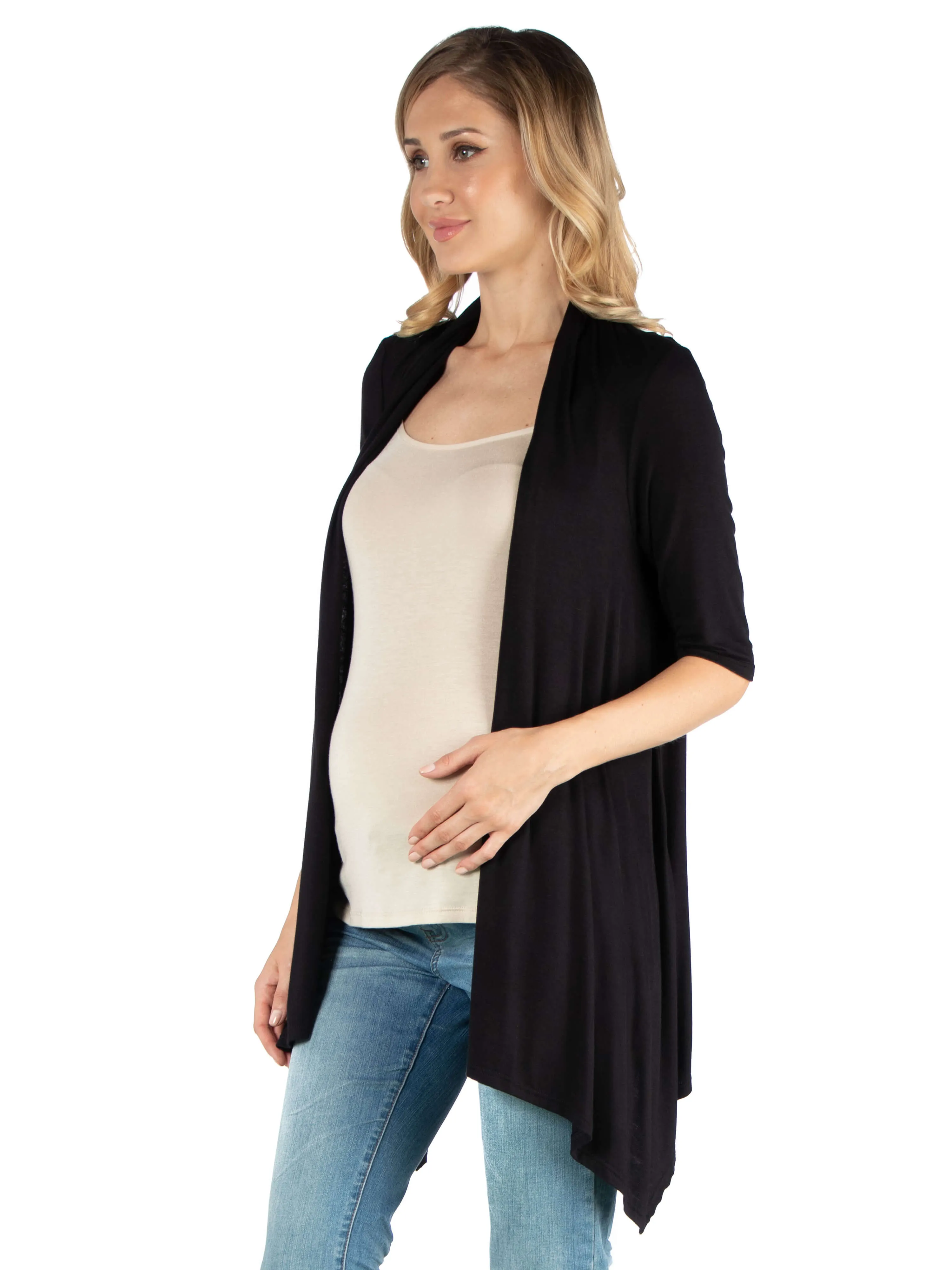 Loose Fit Open Front Maternity Cardigan with Half Sleeve