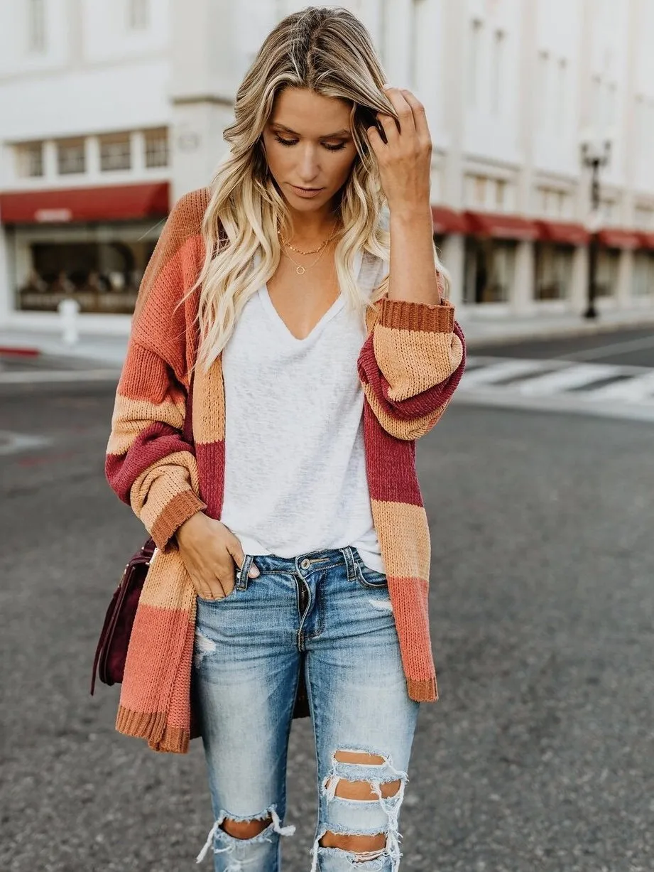 Loose Striped Cardigan Tops