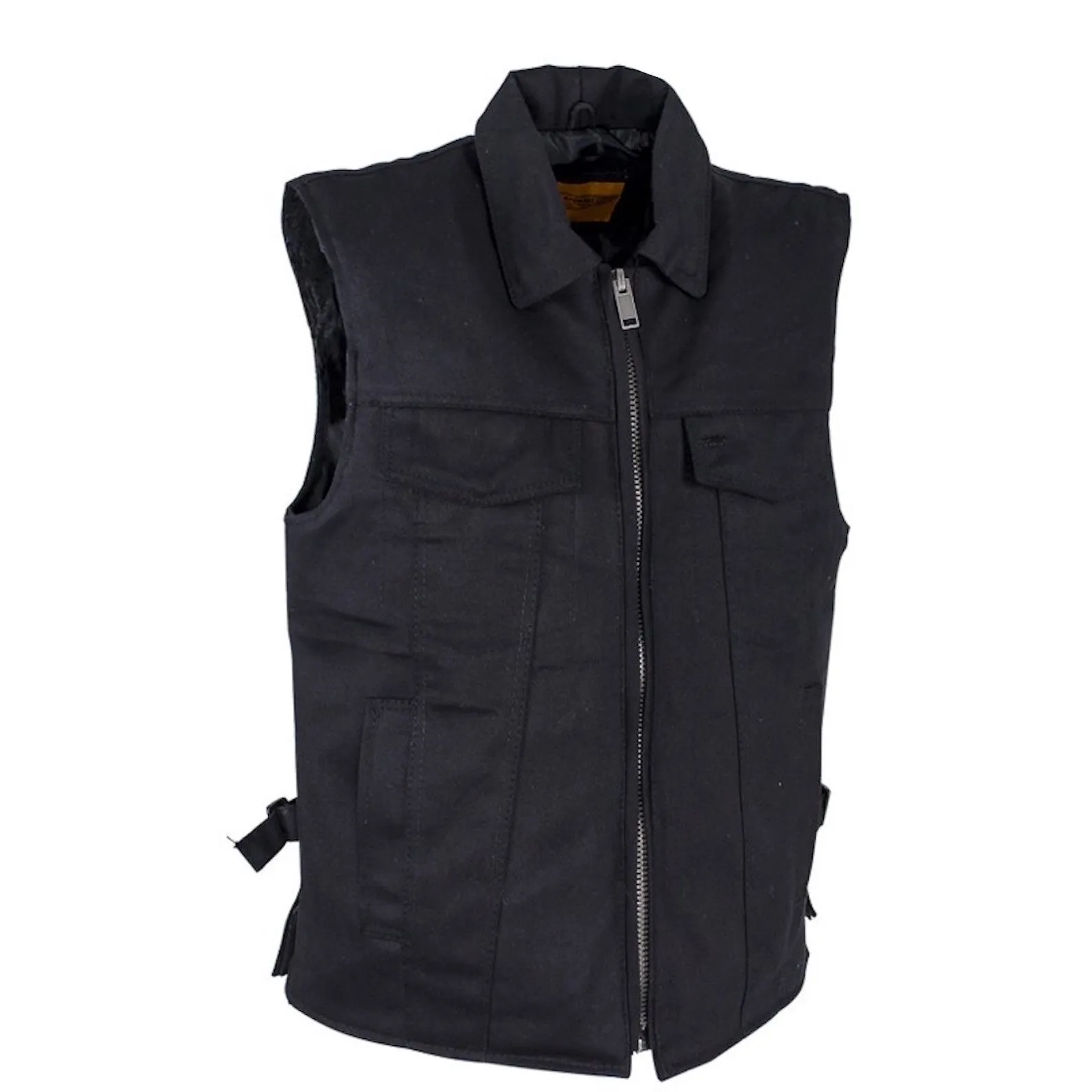 Men’s Black Denim Motorcycle Club Vest with Folded Collar & Hidden Snaps