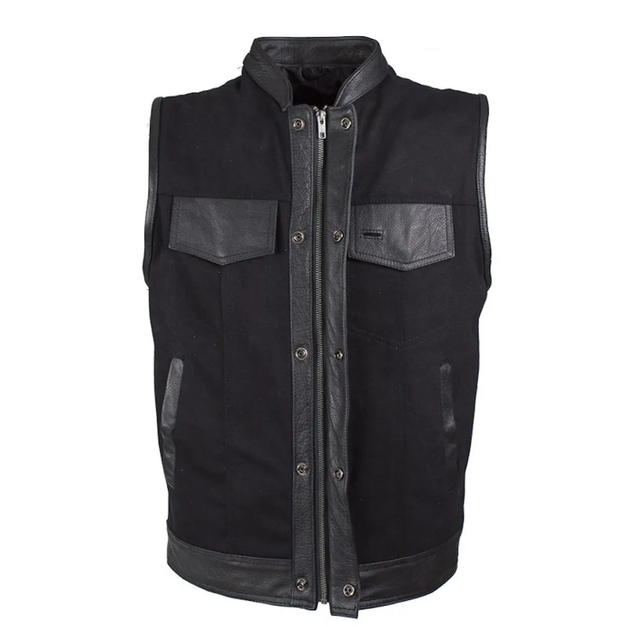 Mens Black Denim Motorcycle Vest With Leather Trims & Front Zip Up