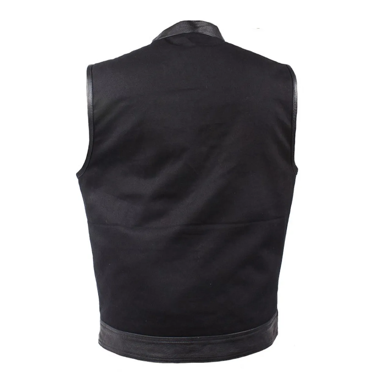 Mens Black Denim Motorcycle Vest With Leather Trims & Front Zip Up