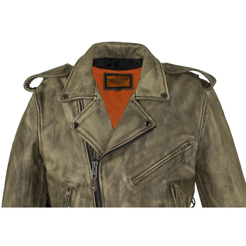 Mens Distressed Brown Classic Police Style Leather Motorcycle Jacket With Side Laces Gun Pockets