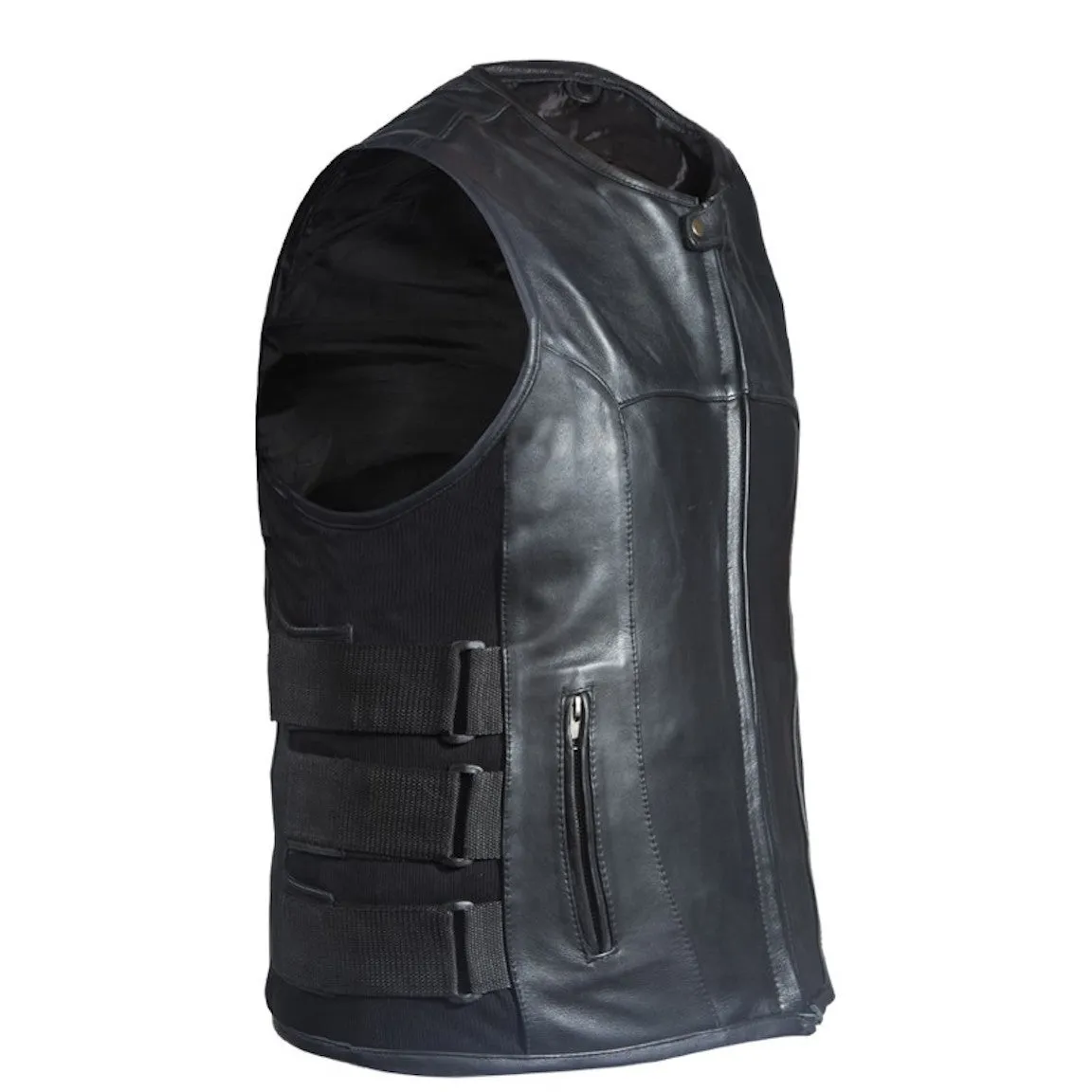 Mens Leather Bullet Proof Style Motorcycle Vest With Gun Pockets