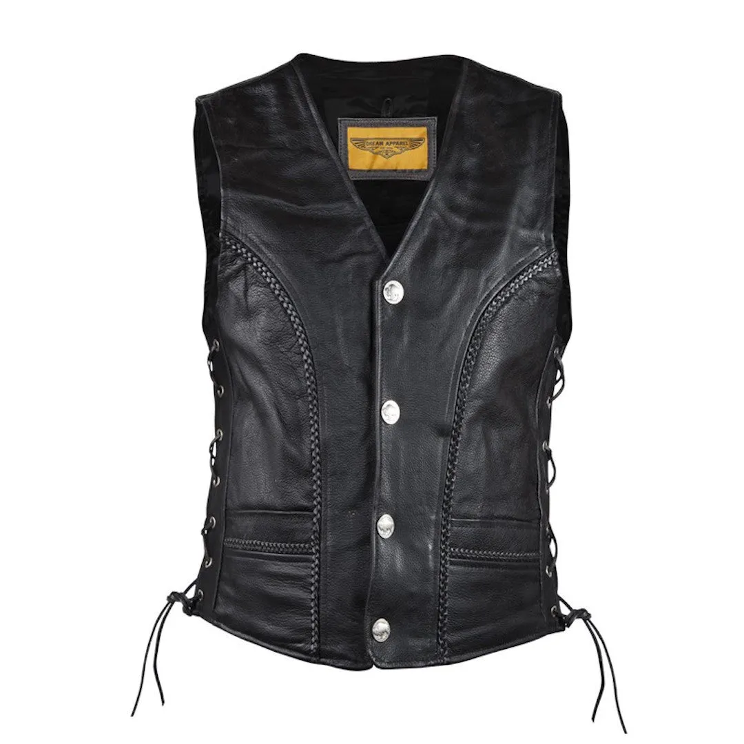 Mens Leather Motorcycle Club Vest With Braid Trim Buffalo Nickel Snaps