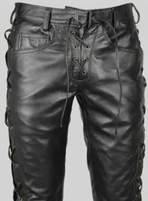 Men's Leather Side Laces Pants high Quality Cowhide Plain Leather Killer Pants