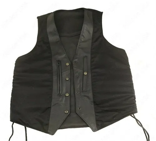 Men's Made in USA Black Naked Leather Basic Motorcycle Vest Side Laces Gun Pockets