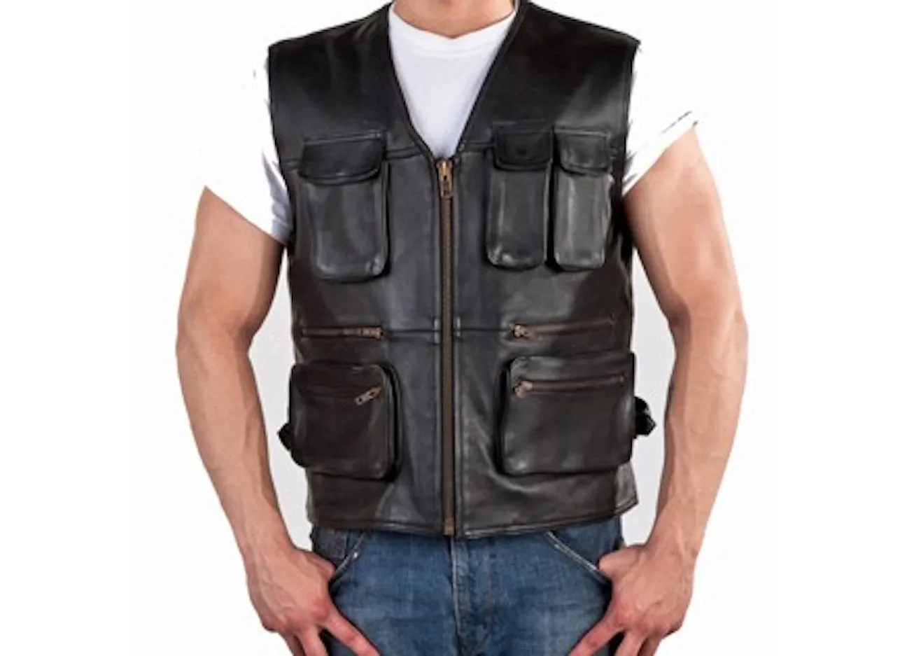 Mens Naked Leather Cargo Vest With 9 Pockets