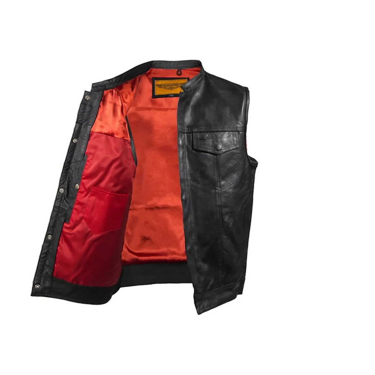 Mens Naked Leather Motorcycle Club Vest With Gun Pockets Solid Back Mandarin Collar