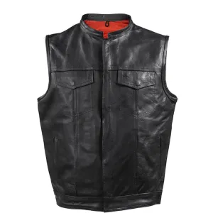 Mens Naked Leather Motorcycle Club Vest With Gun Pockets Solid Back Mandarin Collar