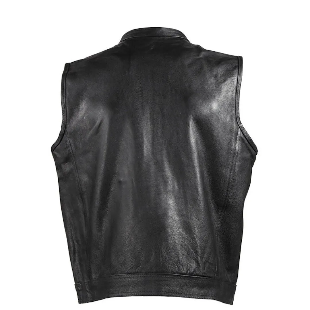 Mens Naked Leather Motorcycle Club Vest With Gun Pockets Solid Back Mandarin Collar