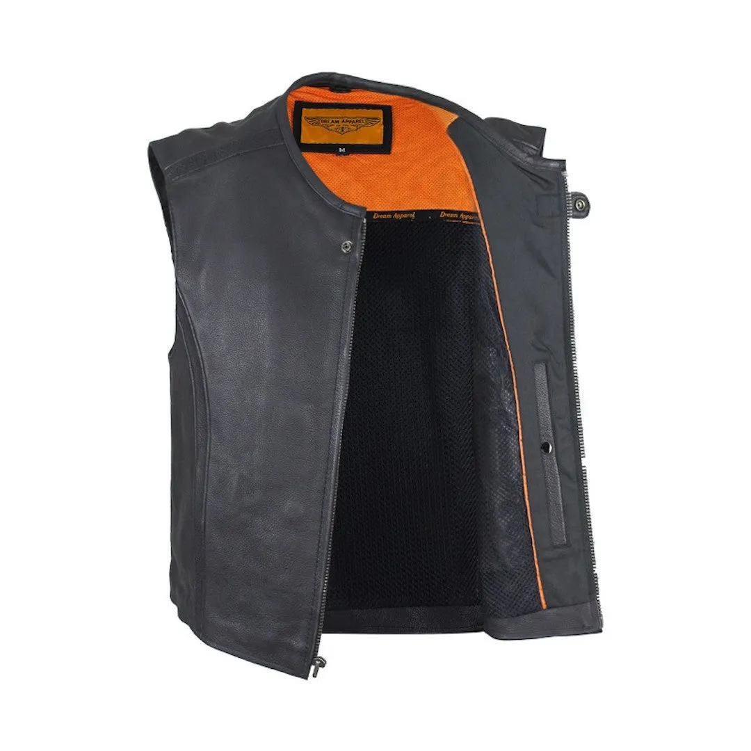 Mens Naked Leather Motorcycle Club Vest With Zip Front Solid Back Gun Pockets