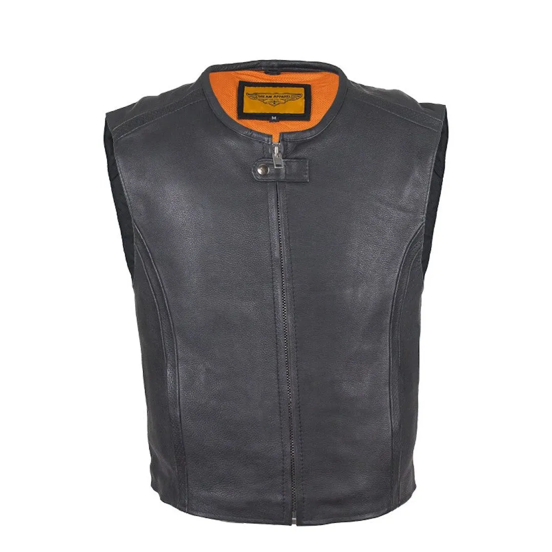 Mens Naked Leather Motorcycle Club Vest With Zip Front Solid Back Gun Pockets