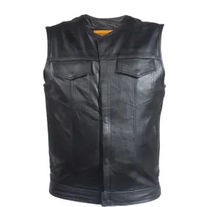 Mens No Collar Split Leather Motorcycle Club Vest With Zippered And Snap Front