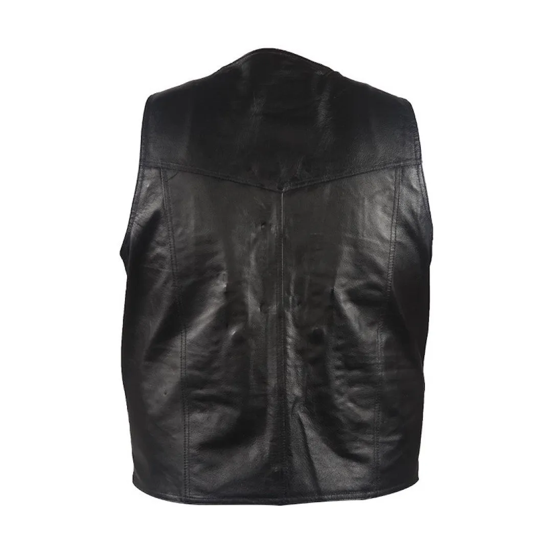 Mens Plain Black Motorcycle Vest With Gun Pocket Solid Back