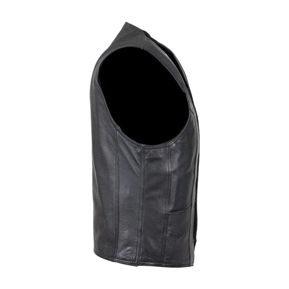 Mens Plain Black Motorcycle Vest With Gun Pocket Solid Back