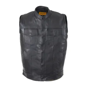 Mens Split Leather Motorcycle Club Vest Solid Back Concealed Snaps Gun Pockets