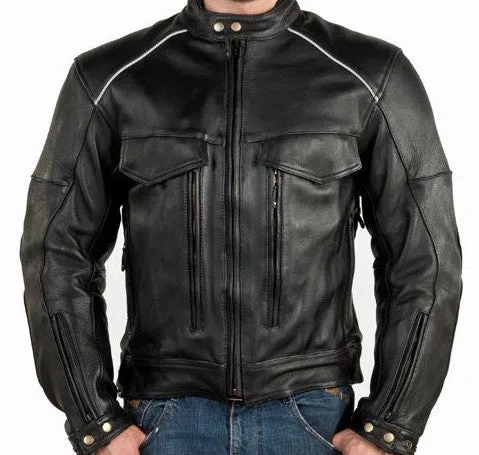 Mens Vented Naked Leather Motorcycle Jacket Night Vision Reflectors