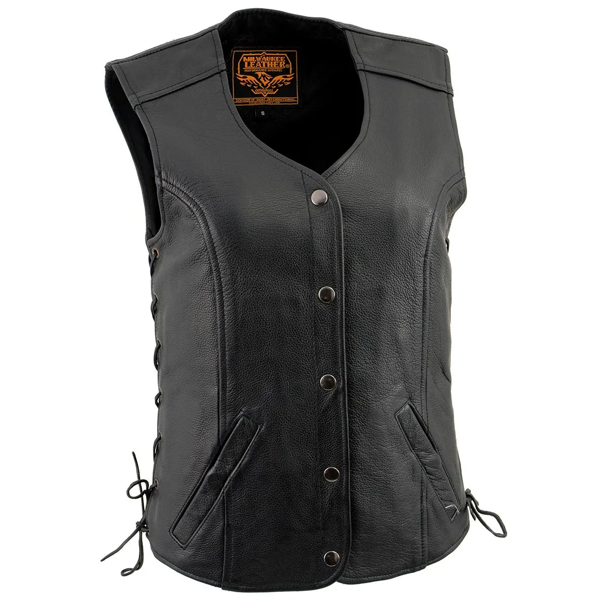 Milwaukee Leather LKL4700 Women's Black Leather Side Laces Round V-Neck Motorcycle Rider Vest with 4-Snaps Closure