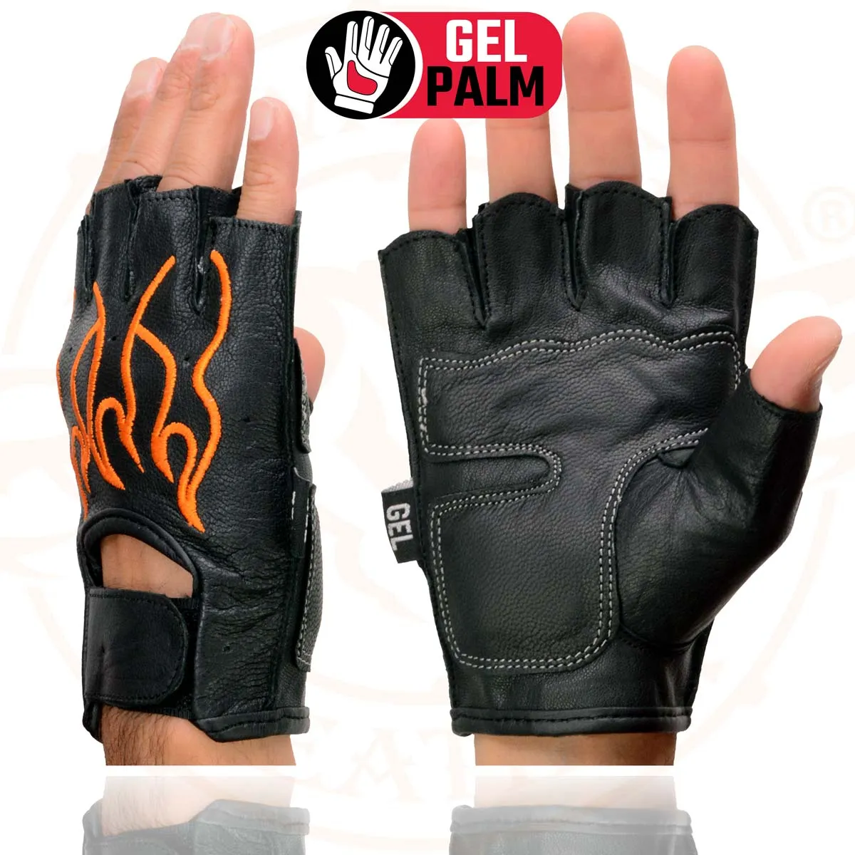 Milwaukee Leather SH198 Men's Black Leather Gel Padded Palm Fingerless Motorcycle Hand Gloves W/ ‘Orange Flame Embroidered’