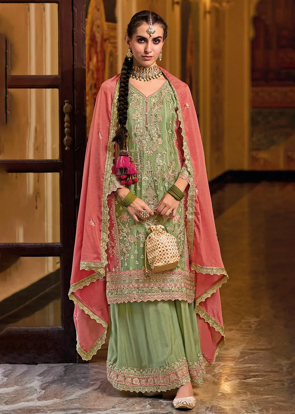 Palazzo Style Chinnon Green Embroidered Festive Suit